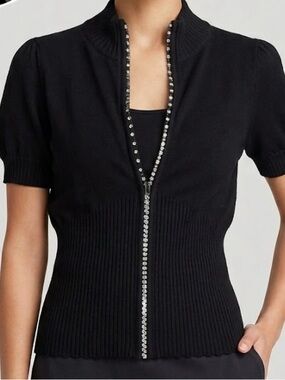 Belldini Knit Sweater - Black Short Sleeve Rhinestone Zip-Up Top